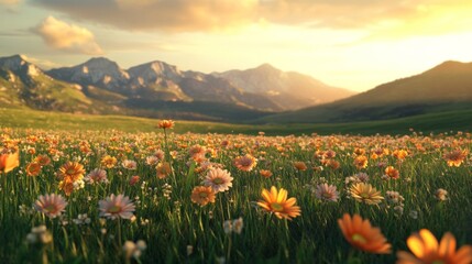 A Field of Orange and Pink Flowers in a Mountain Valley at Sunset