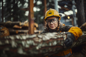 Fototapeta premium Female lumberjack in overalls handles a large piece of timber. The image captures her comfort and confidence in her work environment, highlighting the blend of strength and positivity.