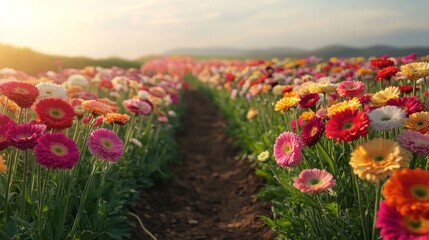 A Path Through a Field of Colorful Gerbera Daisies at Sunset