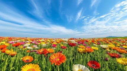 Obraz premium Vibrant Field of Colorful Flowers Under a Blue Sky