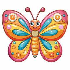Colorful cartoon butterfly illustration in vibrant colors with a playful expression perfect for children's artwork and educational materials
