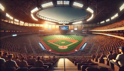 Baseball stadium illuminated by bright lights at sunset, with a view from home plate across the infield and pitcher's mound
