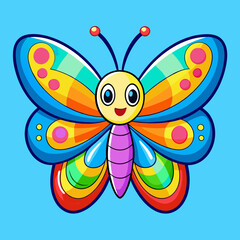 Colorful cartoon butterfly illustration in vibrant colors with a playful expression perfect for children's artwork and educational materials