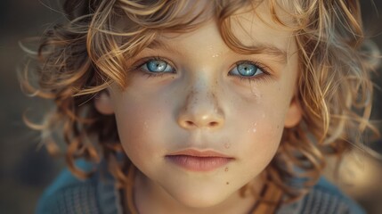 Naklejka premium Child with sharp splinter, holding hand, backyard, tear-streaked face, natural light, eye-level shot, warm tones