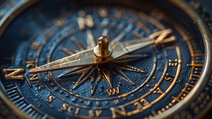 Obraz premium An antique brass compass resting on a textured surface with intricate designs, symbolizing exploration and adventure. Generative AI