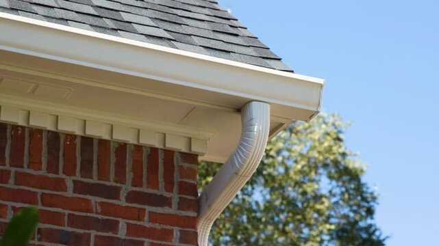 Close-up shot of a large gutter installed on a new roof, highlighting its size and quality installation. Ideal for roofing and exterior construction footage.