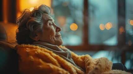 Elderly person with shoulder injury, extreme fatigue, sitting in empty living room, soft lamp light, side angle, sense of void