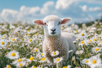 Fototapeta premium Cute lamb in a field of daisies on a sunny day, Generative AI