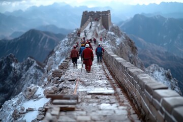 A stunning winter scene featuring the snowy Great Wall of China stretching into the distance, surrounded by majestic mountains under a cold, clear sky.