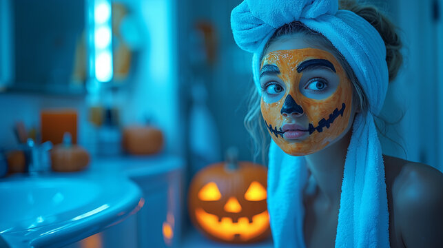 Young woman putting on makeup in the bathroom from Jack O'lantern for Halloween party, Halloween pumpkin, preparations for Halloween party