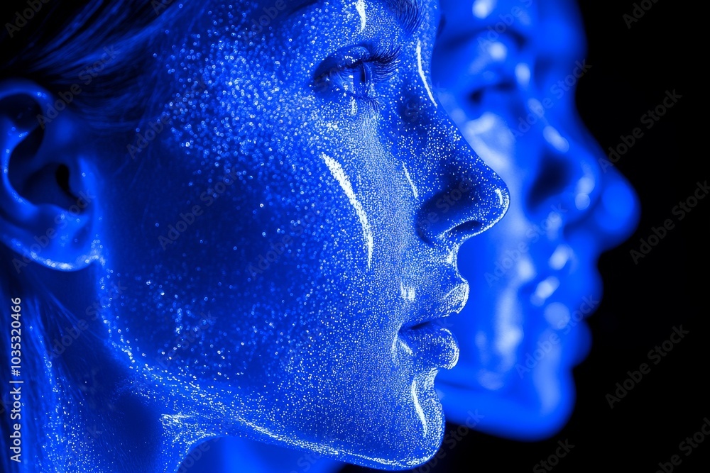 Poster blue glowing digital faces in profile view symbolizing data communication and artificial intelligenc