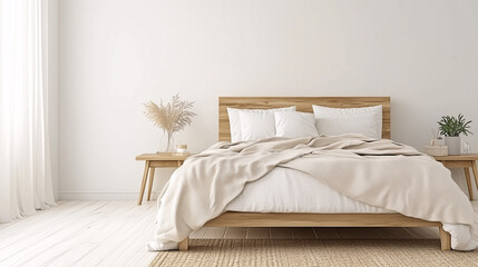 Minimalist bedroom setup with a platform bed in earthy brown tones, a light beige blanket, and wooden side tables
