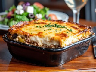 A delicious, golden-brown lasagna topped with melted cheese sits alongside a vibrant, fresh salad with olives and feta, ready to be enjoyed.