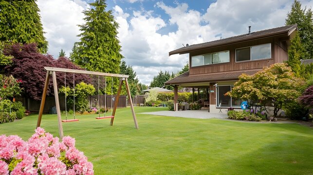 Cozy suburban family home with a large well manicured backyard featuring a charming wooden swing set creating a peaceful and inviting outdoor living space for time and recreation