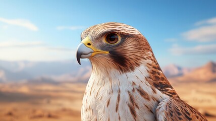 Closeup of a falcon s sharp beak and focused eyes, perched high as it watches prey moving below on the ground