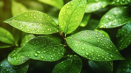 Dew-Covered Green Leaves in Sunlight
