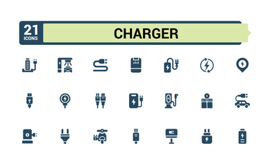 Set of solid icons style for Charger. Containing wireless charging, electric car, lighting, electric socket, electricity and more. Glyph filled icon collection. Editable symbol pack. Pixel perfect.
