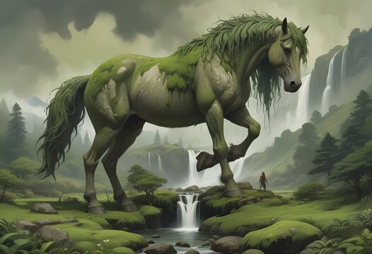 A large moss covered horse tanding on a rocky cliff
