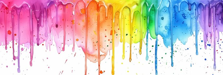 Fototapeta premium Vibrant watercolor drips, a cascade of rainbow colors blending and splashing, set against a textured paper backdrop, creating a lively and artistic atmosphere.