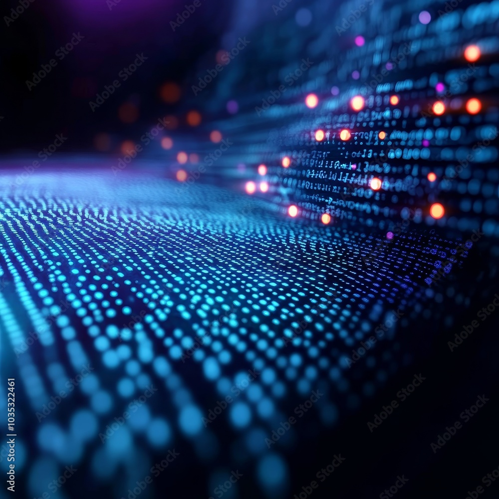 Poster digital data stream, flowing binary code lines with shining particles, technology background