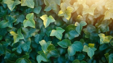 Close-up View of Lush Green Ivy Leaves Illuminated by Warm Sunlight