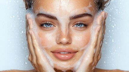 Radiant Cleanse, a close-up of a woman gently washing her face with hands, foam softly enveloping her features, showcasing glossy skin, subtle makeup, and natural beauty.