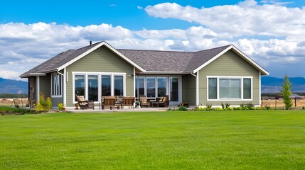 A serene and welcoming suburban home with a lush green yard and an inviting outdoor seating arrangement offering a tranquil retreat from the hustle and bustle of everyday life