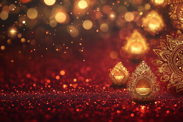 Red background with golden bokeh lights and Indian mandala patterns, creating an elegant backdrop for traditional Hindu festive events like Dussehra or Sankranti celebrations.