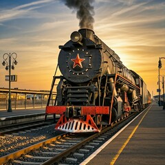 Obraz premium old train A vintage train station with an old steam train waiting on the platform, evoking nostalgia and the romance of travel.