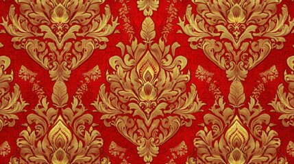 Ancient Thai brocade pattern with vibrant reds and intricate gold details, inspired by royal attire, Thai textile, seamless regal fabric,