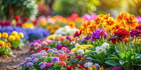 Macro shot of colorful flowers in a garden bed