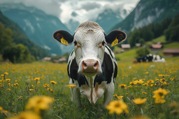 A cow is grazing in the meadow, with mountains and a natural background. 