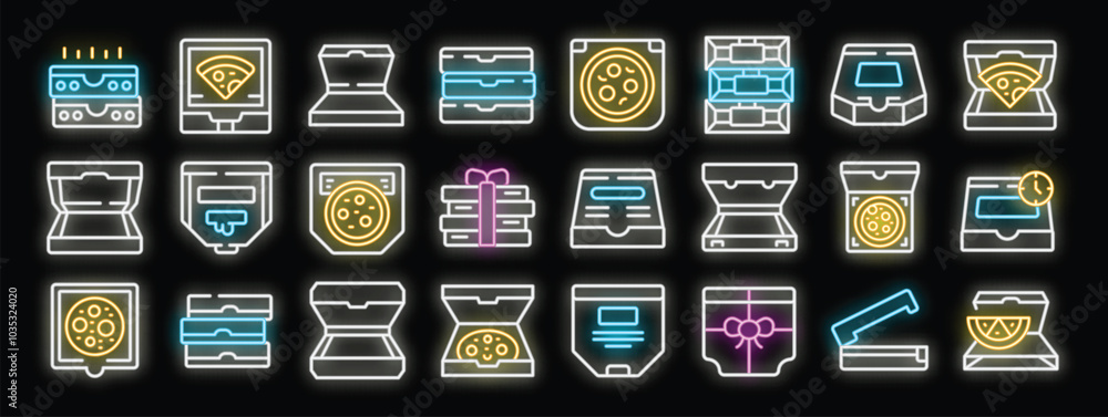 Poster glowing neon pizza boxes with different actions and sizes, some closed, some open, some with a pizza
