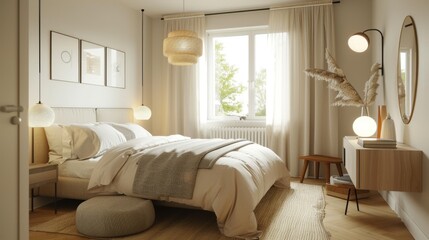 A bright Scandinavian bedroom with a double bed, a headboard