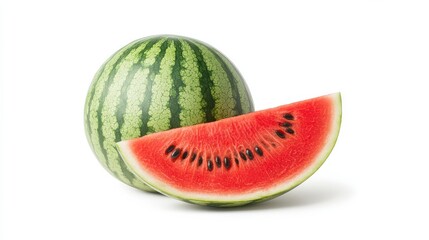 Fresh whole watermelon and juicy slice on white background