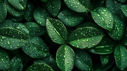 Obraz premium Close-up of Dew-covered Green Leaves with a Dark Background