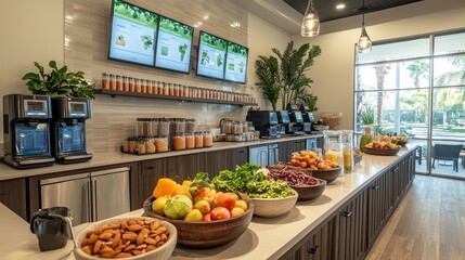 Modern office kitchen with healthy snack options and beverage station