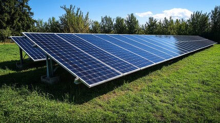 there are many solar panels on the plain. And it is a sunny day