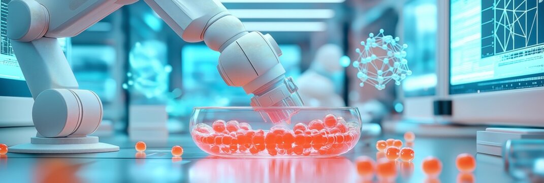 Robotic arm manipulating molecules in a laboratory setting with digital screens.