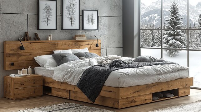Modern bedroom with wooden bed and large window with snowy mountain view.