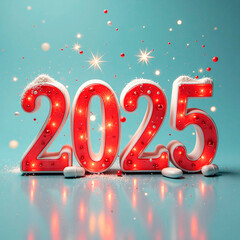 banner happy new year 2025 text card on red festive background medicine