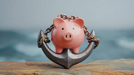 A piggy bank sits on an anchor, symbolizing savings and stability against an ocean backdrop.