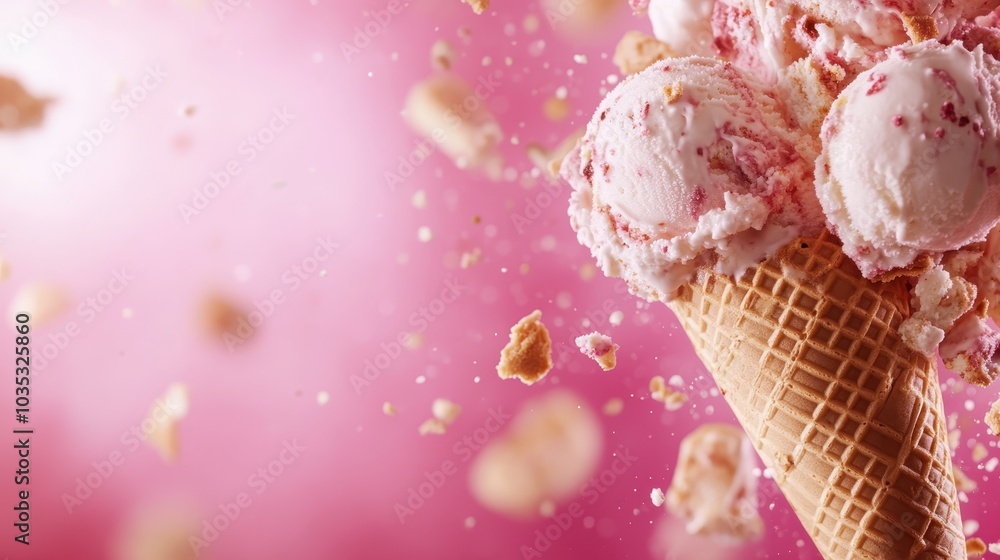 Poster a dynamic image of ice cream cones with scoops of vanilla and raspberry ice cream flying through the
