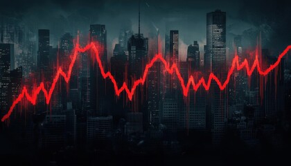 Crumbling stock market graph, red lines plummeting downward with a shadowy city skyline in the background,