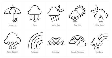 A set of 10 Weather icons as umbrella, rain, night rain