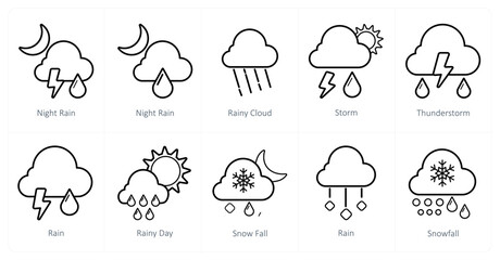 A set of 10 Weather icons as night rain, rainy cloud, storm