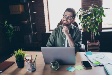 Photo of good mood dreamy specialist dressed shirt chatting modern gadget indoors workstation...