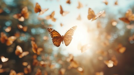 A mesmerizing swarm of orange butterflies dances elegantly in the warm sunlight, creating a stunning visual as they hover freely in a colorful summer scene.