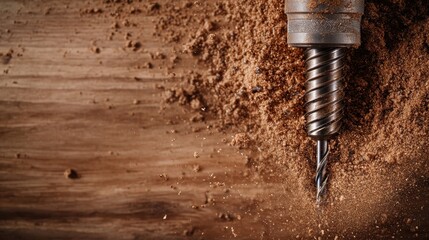 A drill penetrates a wooden surface, sending sawdust flying and capturing the dynamic motion and manual craftsmanship involved in woodworking projects.