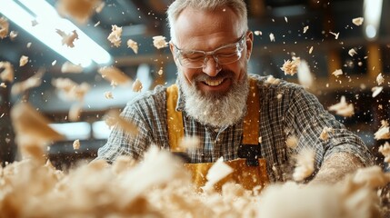 A happy woodworker wearing safety goggles is surrounded by flying wood shavings in a workshop, capturing the joy and creativity of carpentry work.
